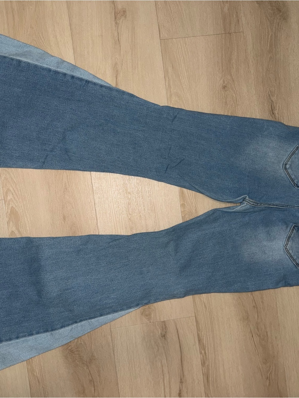 Fashion Nova Light Blue Two-Tone Flare Bell Bottom Jeans with Frayed Hem - Picture 7 of 8